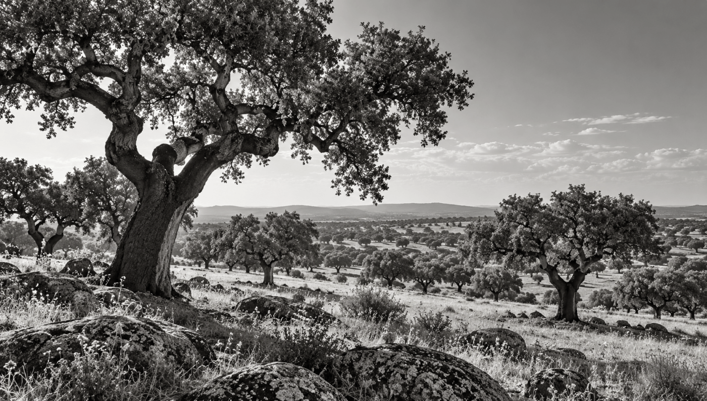 Jahrhundertealte Korkeichen zwischen großen Felsen und weitläufigem Grasland in der traditionellen Montado-Landschaft des Alentejo in Portugal.