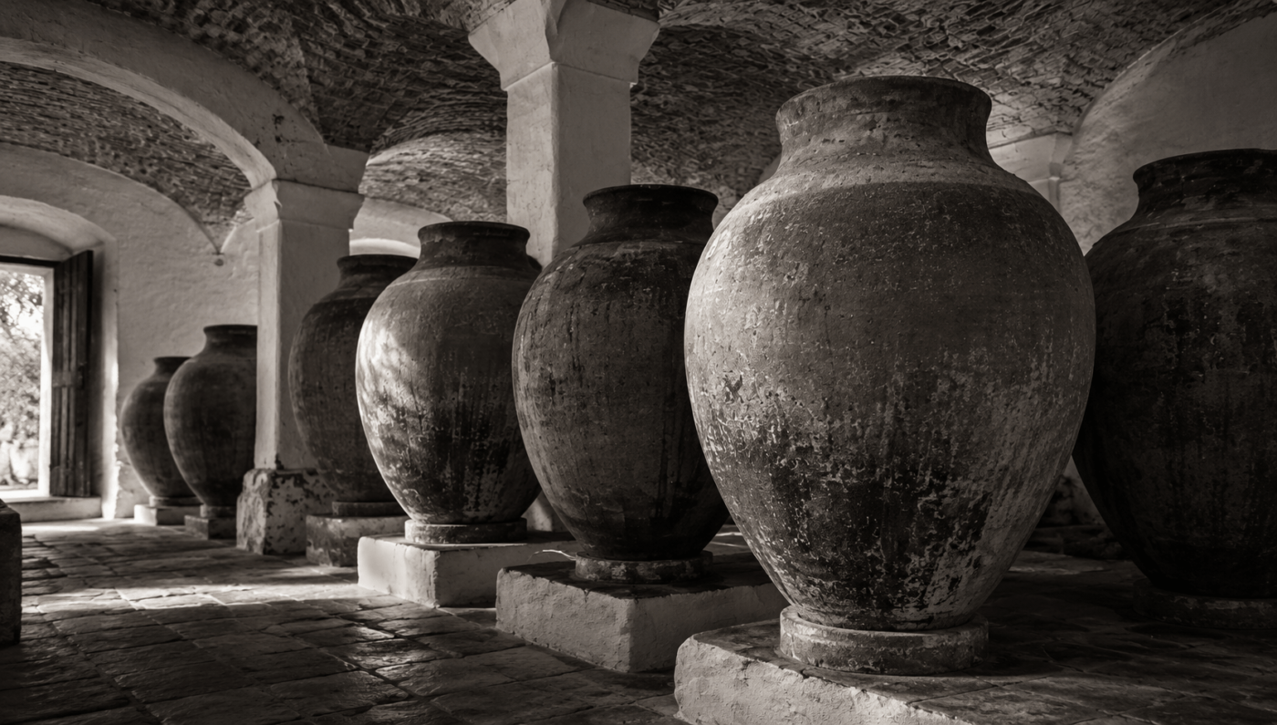 Historischer Weinkeller mit großen traditionellen Tonamphoren zur Herstellung von Vinho de Talha, einer jahrtausendealten Weinbautradition des Alentejo
