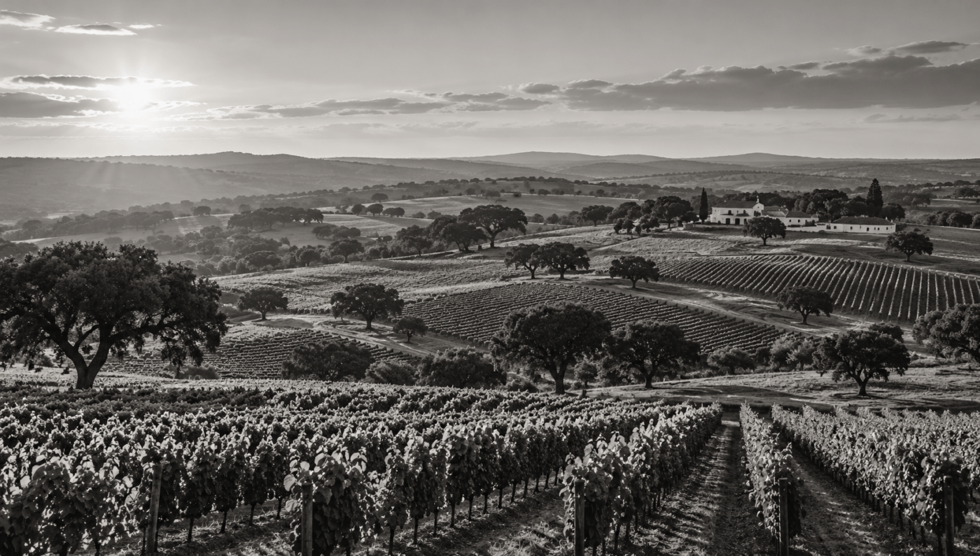 Weitläufige Weinberge mit sanften Hügeln, Korkeichen und einem traditionellen Weingut in der portugiesischen Weinregion Alentejo.