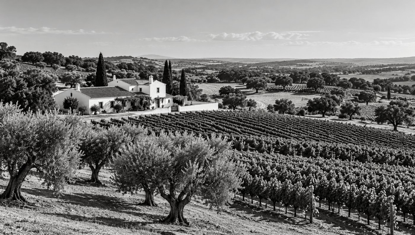 Traditionelles portugiesisches Weingut mit weißen Gebäuden, umgeben von Weinbergen, Olivenbäumen und sanften Hügeln in einer typischen Alentejo-Landschaft.